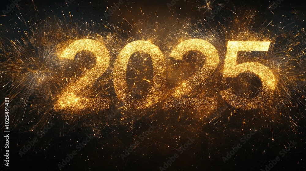 Poster a dramatic visualization of abstract golden fireworks exploding in a celebratory manner, creating a 