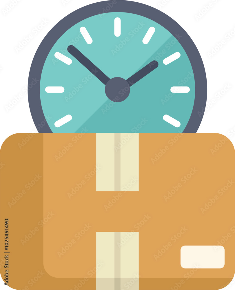 Aufkleber simple icon of a clock resting on a cardboard box, representing the concept of fast delivery time