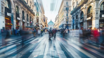 Obraz premium Motion Blur of People Walking on a City Street with a Dome Building in the Background