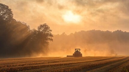 Fototapeta premium A farmer plowing a vast farmland with a tractor, surrounded by crops and trees, during sunrise.