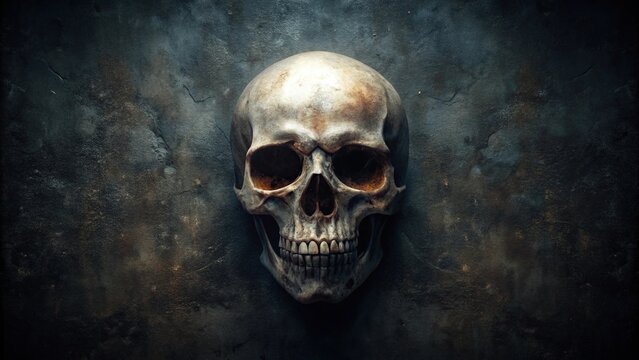 Minimalist skull on dark background in grunge style, toned