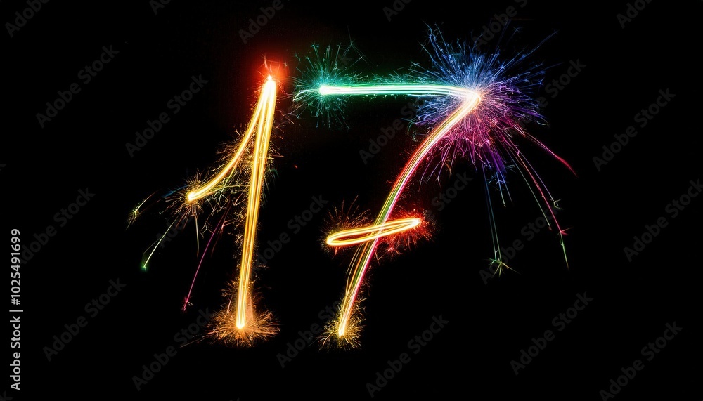 Poster colorful fireworks display creating number 17