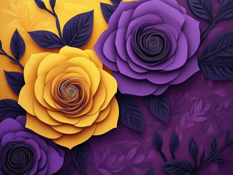 Yellow and purple roses symbolize a love story, showcasing nature's beauty Ideal for Valentine's Day designs, with space for personalized text