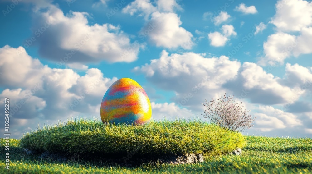 Poster a 3d-rendered easter scene with a colorful egg resting on a grassy platform with blue sky and fluffy