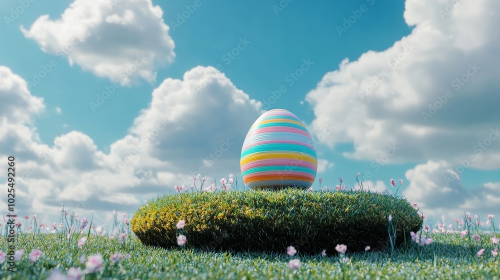 Poster a 3d-rendered easter scene with a colorful egg resting on a grassy platform with blue sky and fluffy