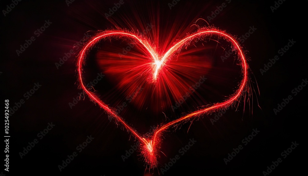 Poster glowing red heart with sparkles on black background
