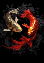 A mesmerizing display of koi fish swimming gracefully in a dark background, symbolizing tranquility and harmony.