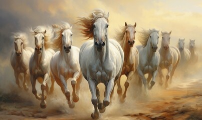 Obraz premium A stunning display of white horses galloping gracefully through a misty landscape, embodying beauty and freedom.