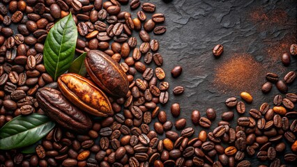Obraz premium A Close-Up View of Coffee Beans, Pods, and Leaves, Showing the Rich Aroma and Flavor Potential