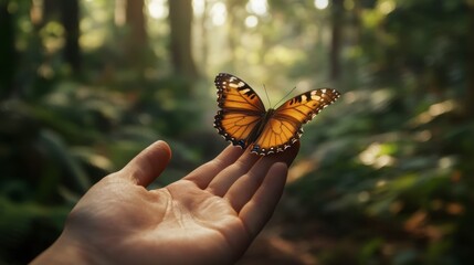 Gentle Butterfly Landing on Hand in Nature