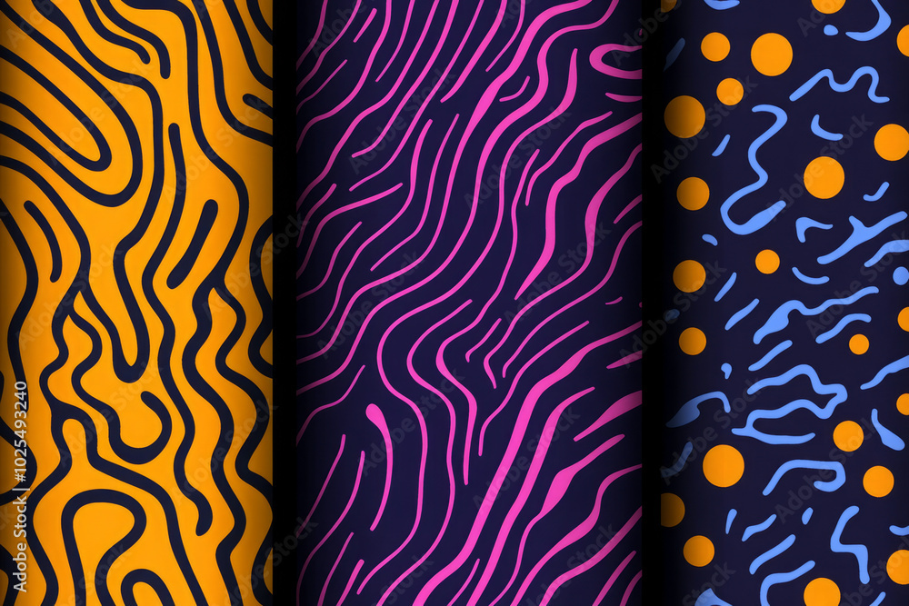Poster seamless patterns, abstract organic lines color backgrounds set.
