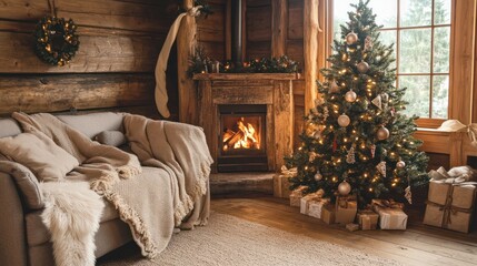 A rustic Christmas tree in a charming cabin, adorned with natural elements like pinecones and burlap. The background shows wooden walls