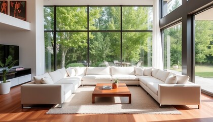 Modern living room with large windows, a white sofa, and a coffee table in the center.
