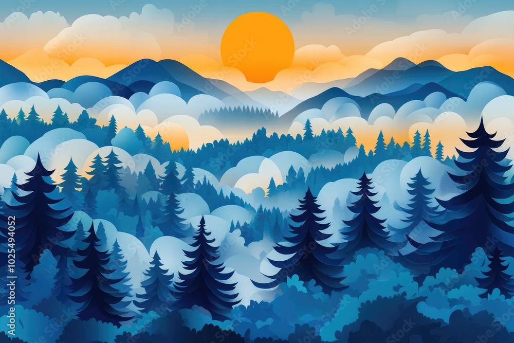 Poster Fog enveloping trees in the morning light, creating a backlit atmosphere during autumn in a serene moorland scene