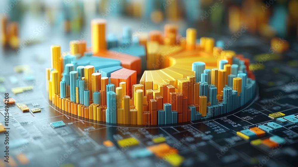 Poster a 3d bar chart visualizing data trends with vibrant colors and intricate details.