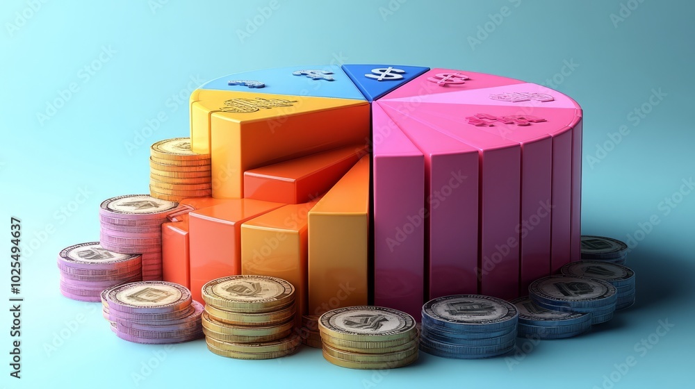 Poster a colorful pie chart with coins, representing financial data or resource allocation.