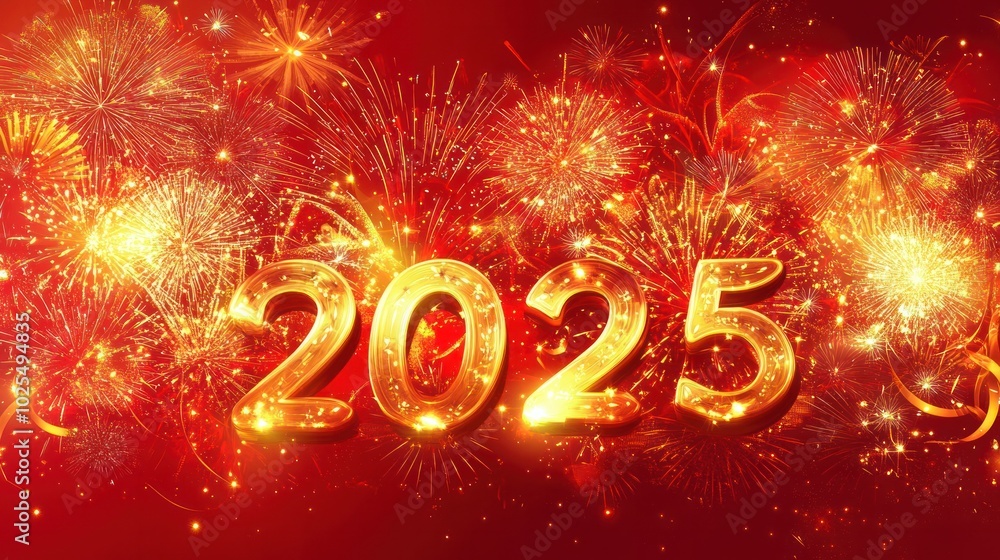 Poster a vibrant red background adorned with an explosion of abstract golden fireworks, creating a festive 