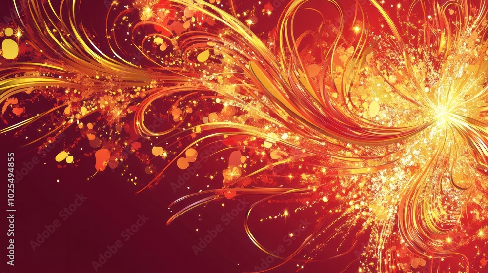 Poster a vibrant red background adorned with an explosion of abstract golden fireworks, creating a festive 