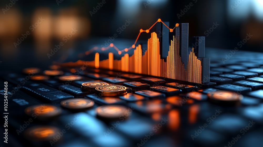 Poster a digital graph overlay on a keyboard, symbolizing financial analysis and cryptocurrency.
