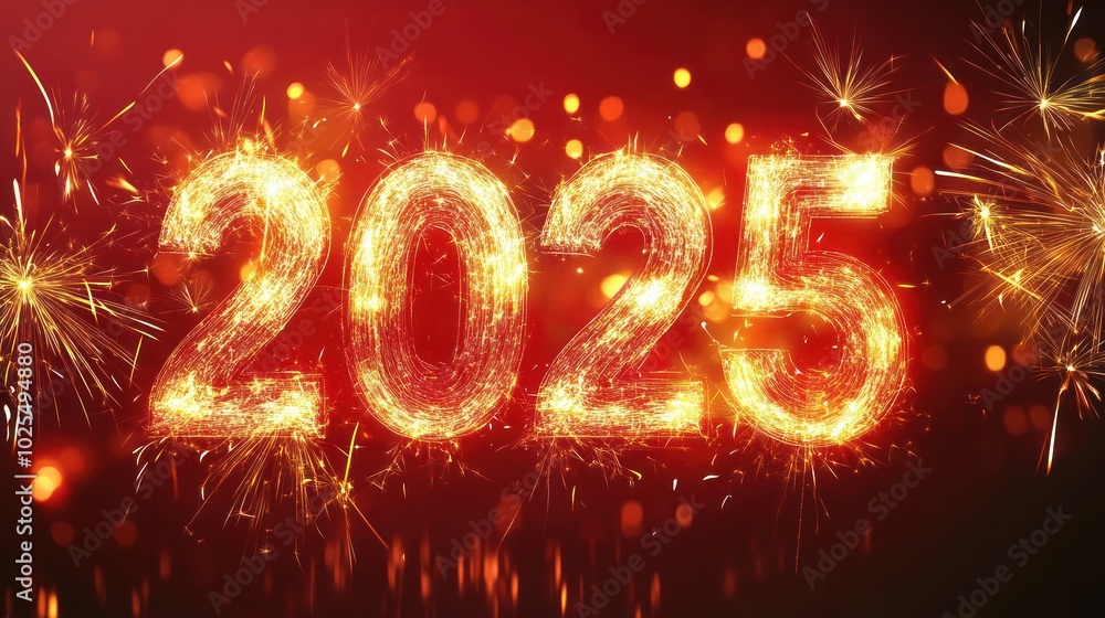 Poster a vibrant red background adorned with an explosion of abstract golden fireworks, creating a festive 