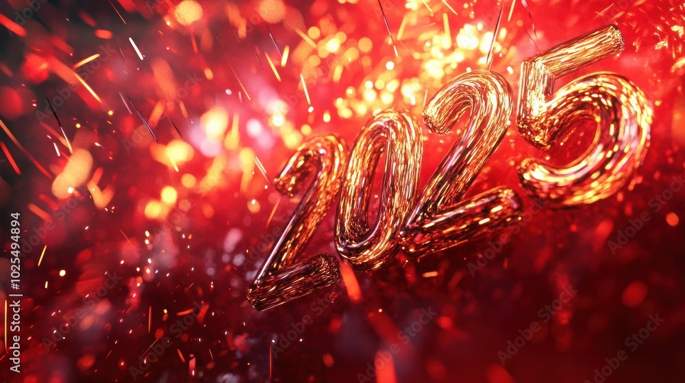Poster a vibrant red background adorned with an explosion of abstract golden fireworks, creating a festive 