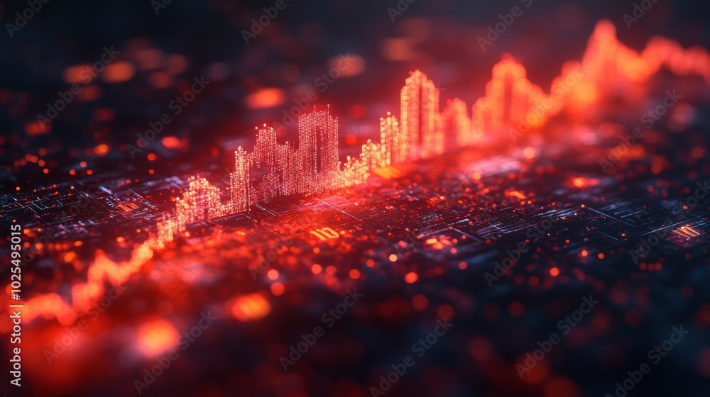 Poster a digital visualization of a fluctuating data graph in vibrant red tones.
