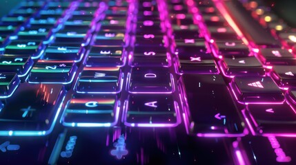 Fototapeta premium Close-up of a Neon-Lit Computer Keyboard with a Focused Arrow Key