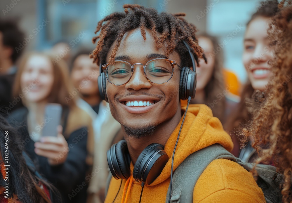 Wall mural joyful young man radiating positivity with a carefree attitude.