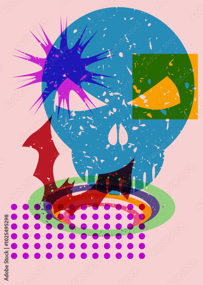 Poster risograph halloween skull and bat with geometric shapes. objects in trendy riso graph print texture 