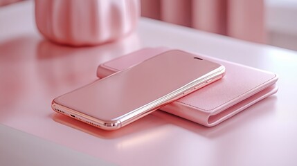 A pink smartphone rests on a matching wallet, set against a pastel background.