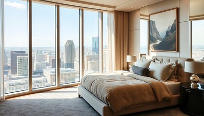 Fototapeta premium Luxurious bedroom with large bed, white linens, and floor-to-ceiling windows overlooking the water. 