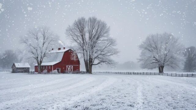 A red barn stands in a snowy field, surrounded by bare trees and a wooden fence.