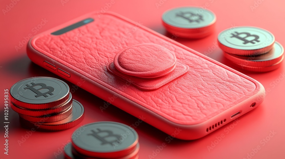 Poster a red phone with a pop socket surrounded by bitcoin coins on a vibrant background.