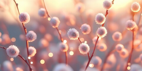 Fototapeta premium Close-up of pussy willow branches during springtime, Macro shot of spring pussy willow branches