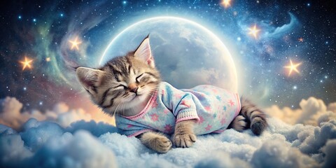 Obraz premium Cute sleeping kitten in pajamas dreaming on night sky nursery art