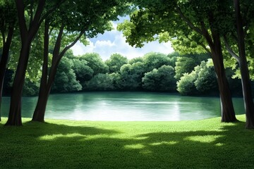 Watercolor painting of a peaceful lake surrounded by trees, with soft, flowing brushstrokes capturing the serenity of the natural scene