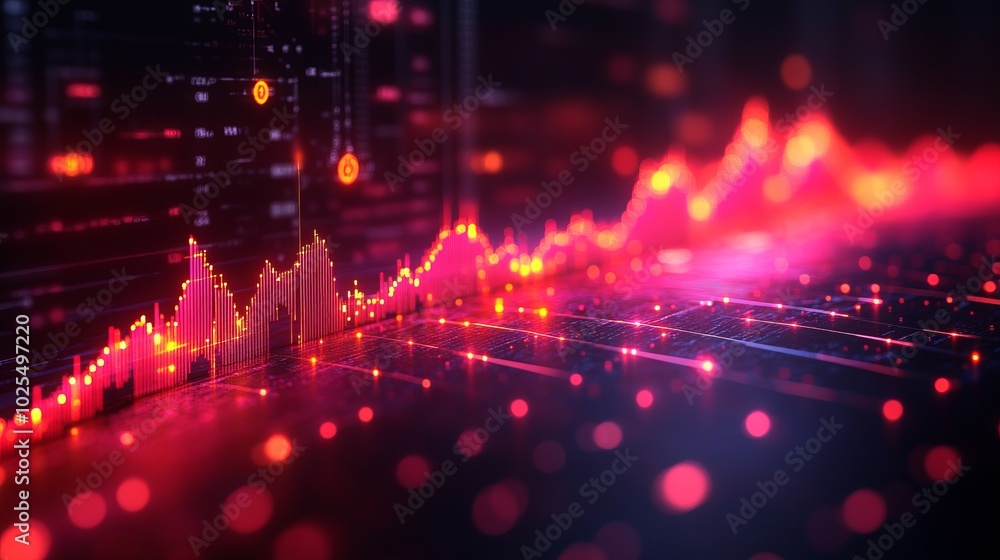 Poster abstract digital visualization of data trends with vibrant colors and glowing elements.