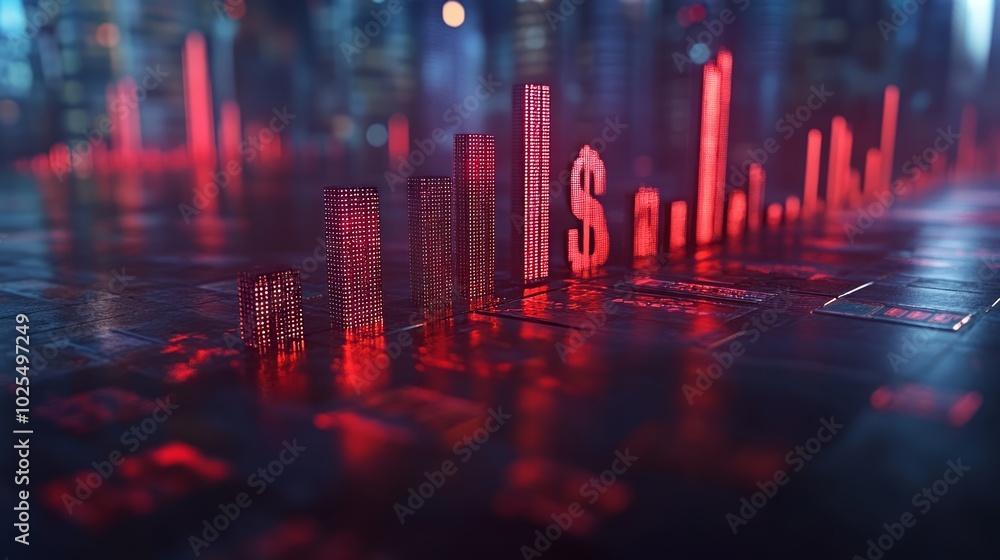 Poster abstract financial data visualization with glowing red bars and dollar sign.