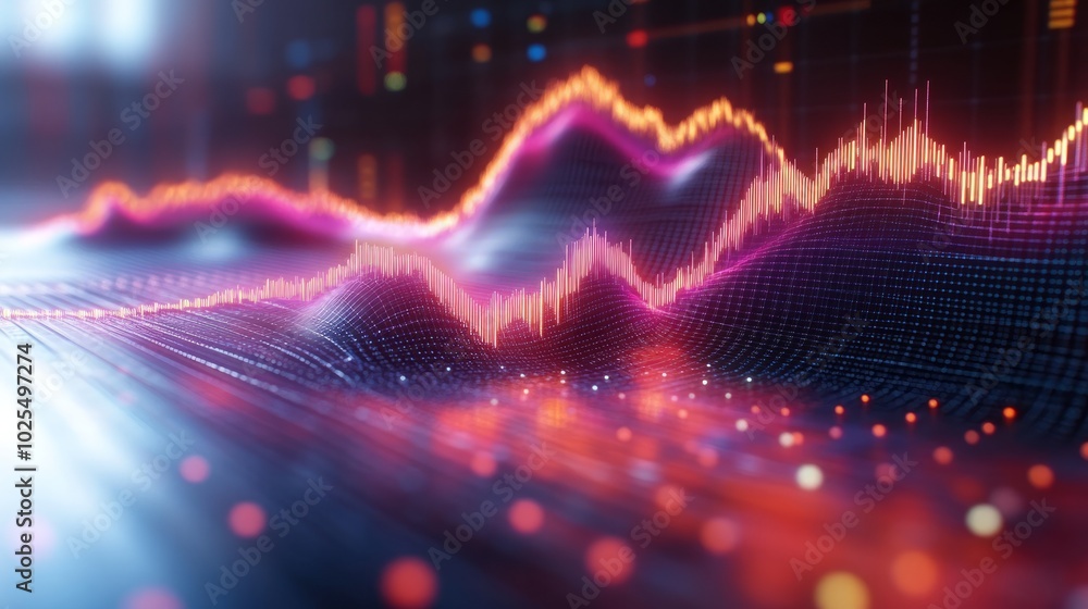 Poster abstract graphic representation of data trends with vibrant colors and waveforms.
