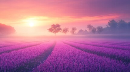 Obraz premium Misty morning over a riceberry rice field with fog hovering low over the vibrant purple rice stalks. The soft light from the rising sun begins to break through