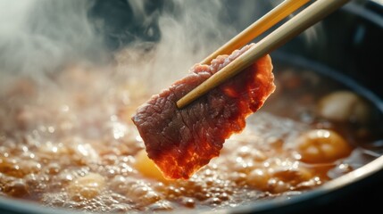 Tender Meat Cooking in Flavorful Broth with Chopsticks
