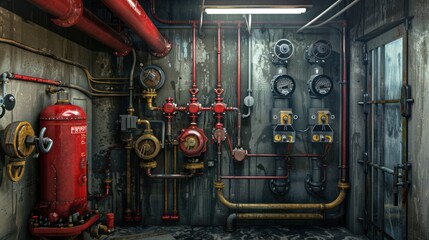 Industrial Room with Complex Piping and Gauges