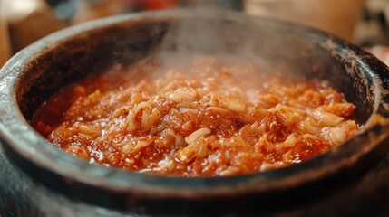 Hearty Dish in Traditional Clay Pot with Steam Rising