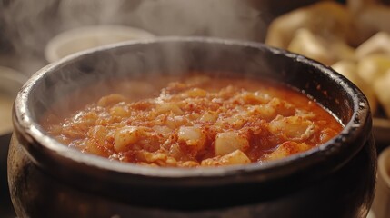 Delicious Steaming Soup in a Traditional Pot