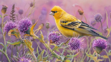 Fototapeta premium Yellow Bird Perched on Purple Thistle Flowers