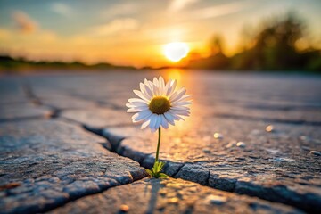 Daisy flower on cracked asphalt road at sunset nature background, tilted angle