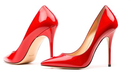 Red high heel shoes isolated on white background. A pair of red high hell shoes isolated. Pair of red high heeled shoes. Red high heel women shoes on white background. Shoe for women.