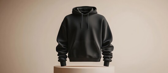 Black hoodie mock-up on a podium with a beige background.