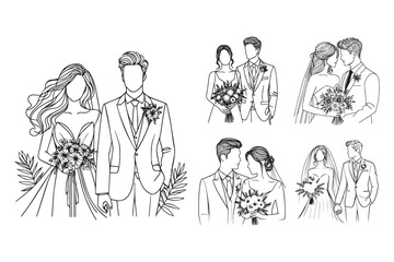 Line Art Wedding Couple Photo Romance Intimately Black and White Illustration Hand Drawn Clipart