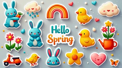 Obraz premium Spring-themed cartoon illustration with text Hello Spring, featuring bunnies, chicks, flowers, and more on a gray background.